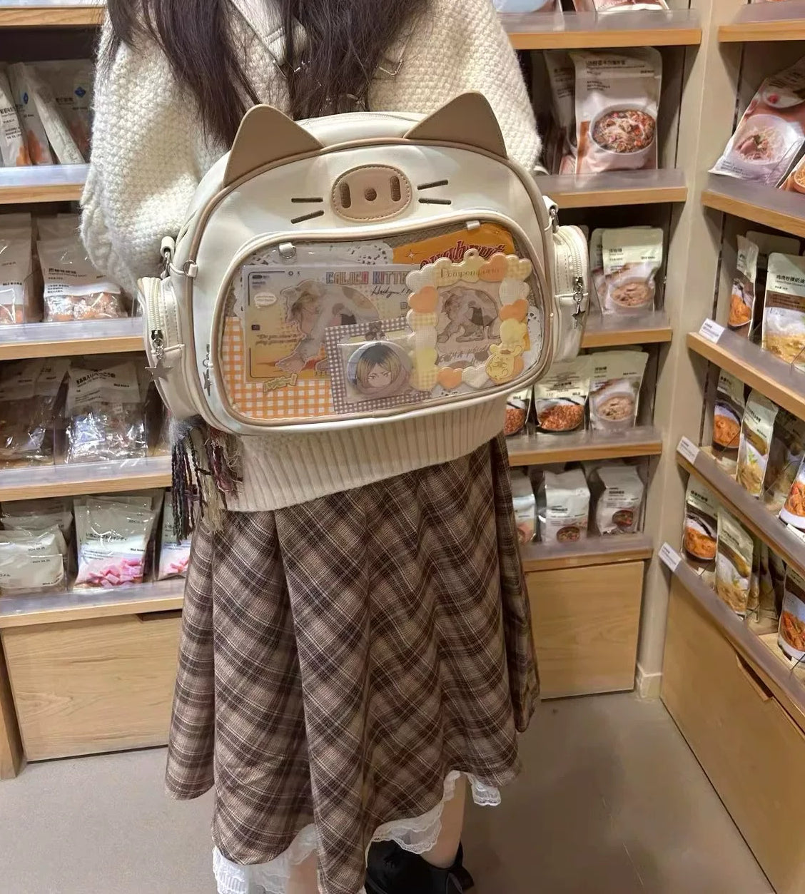 Kawaii Cat Whiskers Embroidery Ita Backpack Clear Window Display Bag Cute Anime Style